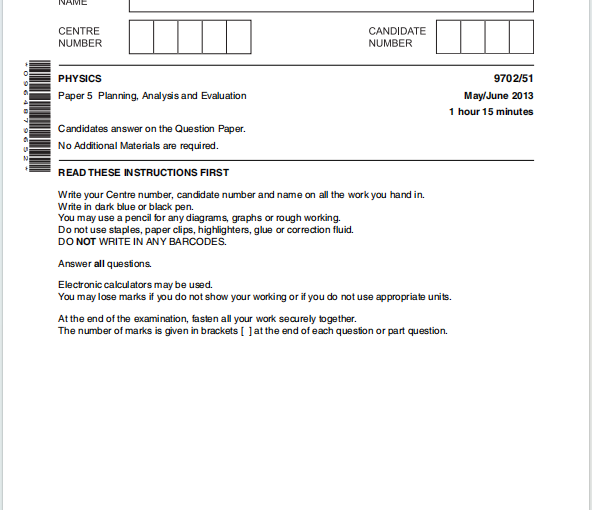 Alevel剑桥物理2013年真题下载《Cambridge A-Level Physics Paper 5 Planning Analysis and Evaluation May/June 2013》